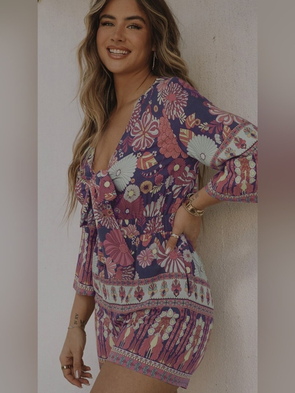Maroa Boho Festival Hippie Romper Bodysuit By Xlarge Floral Pink Coastal Cowgirl